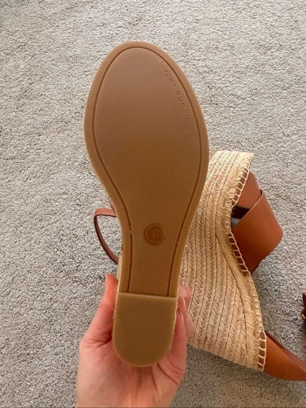 NWOB Tory Burch Brown Leather Espadrille Platform Wedge Sandals, Sz 6, $295